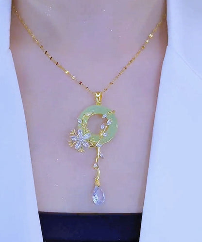 Light Green Stainless Steel Inlaid Crystal Jade Pendant Necklace
