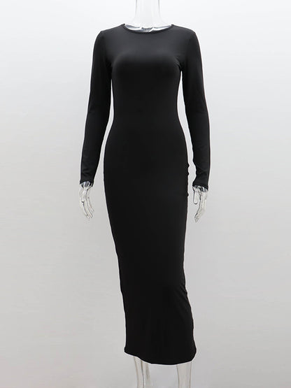Bodycon Long Sleeves Color Split-joint Round-neck Maxi Dresses