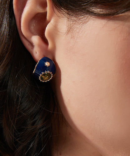 Retro Royal Blue Sterling Silver Overgild Enamel Resin Hoop Earrings