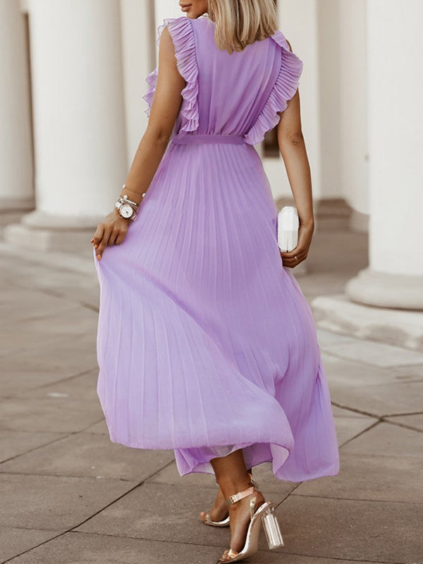 Loose Sleeveless Pleated Color Split-joint Tied Waist V-neck Maxi Dresses