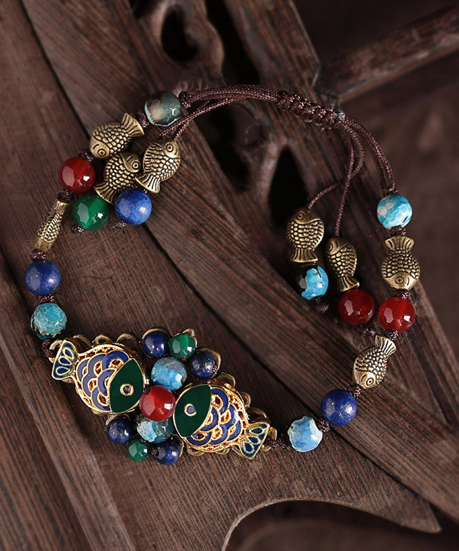 Colorblock Bronze Colored Goldfish Agate Coloured Glaze Gem Stone Cloisonne Charm Bracelet