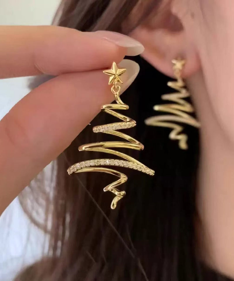 Golden Starlight Christmas Tree Zircon Copper Drop Earrings