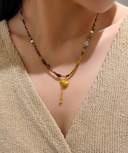 Chinese Style Brown Copper Overgild Calabash Beading Pendant Necklace