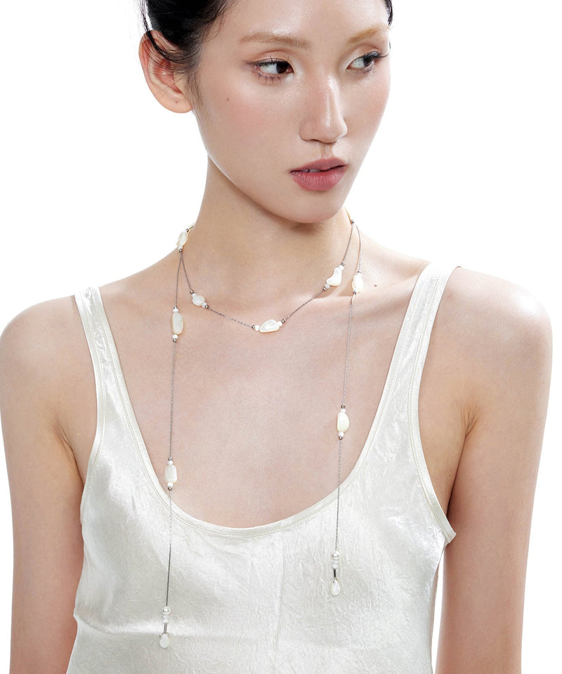 Beige Asymmetric Pearl Double Chain Alloy Necklace