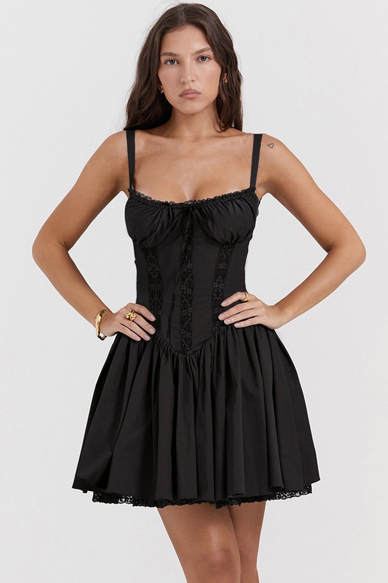 Lace Panel Spaghetti Strap Waist-cinched Mini Dress