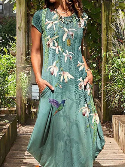 A-line Loose Animal Printed Flower Print Round-neck Midi Dresses