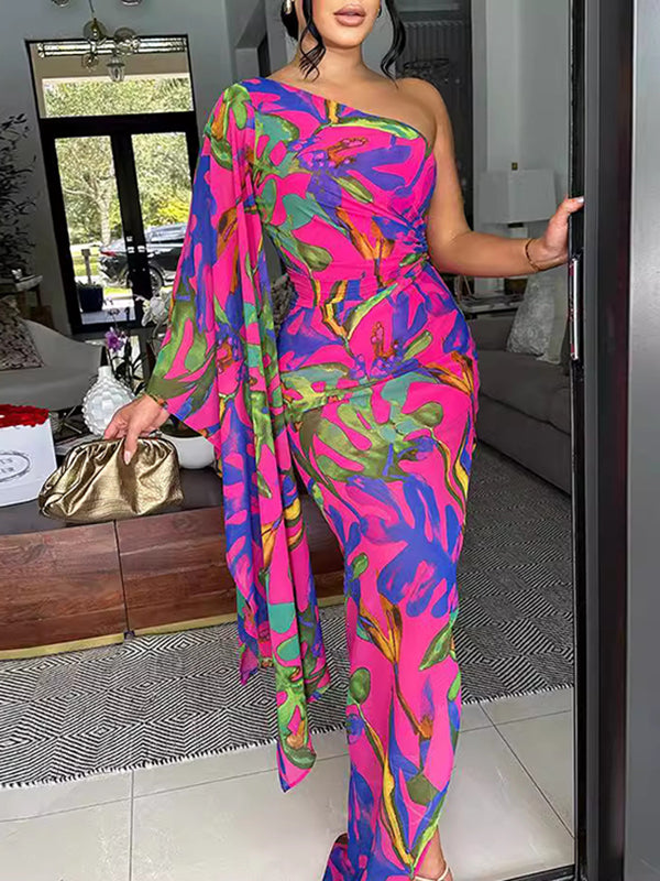 Bodycon Sleeveless Asymmetric Pleated Printed One-shoulder Maxi Dresses