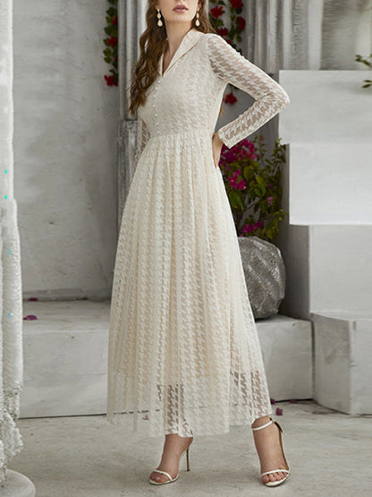 High Waisted Long Sleeves Buttoned Gauze See-through Color V-neck Maxi Dresses