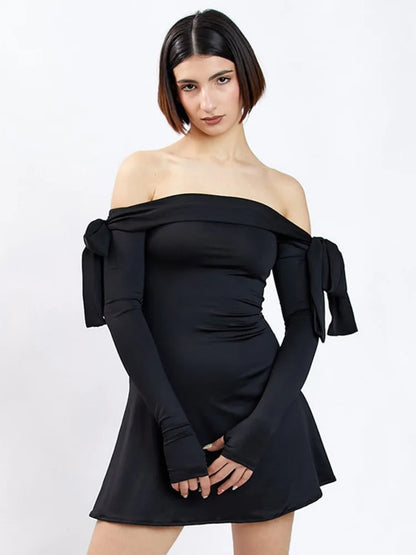 Julissa Mo Autumn Strapless Long Sleeve Bow Mini Dress for Slim A-line Outfits Patchowrk Dress New