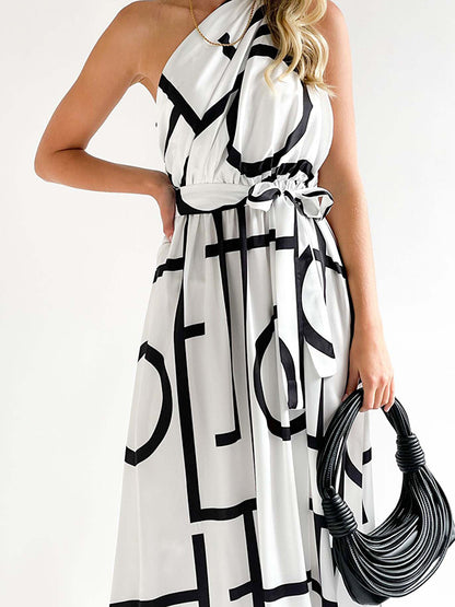 Loose Sleeveless Bandage Contrast Color Hollow Printed One-shoulder Midi Dresses