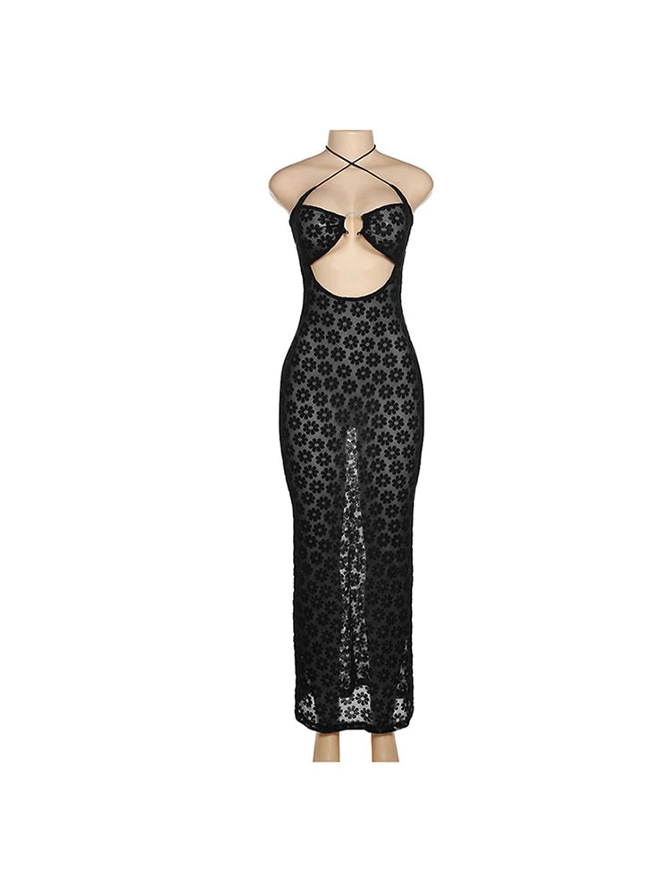 Color Hanging Neck Maxi Dress Hollow Perspective Bag Hips Robe Female Street Dresses Clothing