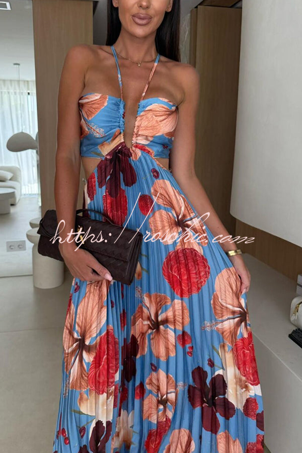 Casey Satin Print Cutout Halter Back Tie-up Pleated Maxi Dress