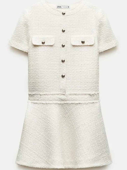 1960s London Girl Tweed Textured Gold Button Short Sleeve Pocketed Mini Dress