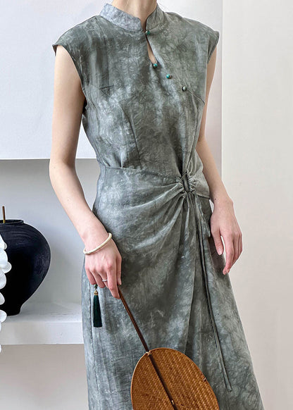 New Grey Button Lace Up Silk Cotton Long Dress Summer Af1012