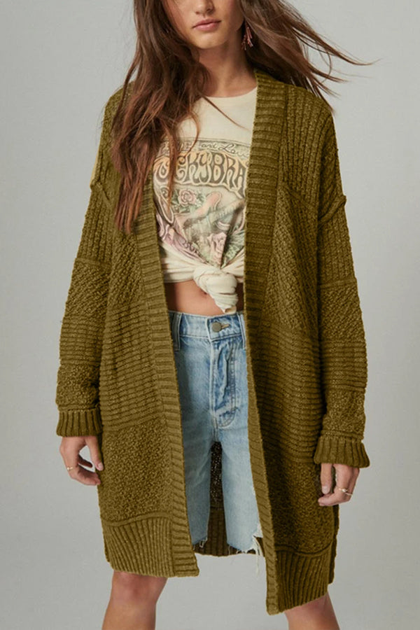 Green Open Front Long Knit Cardigan