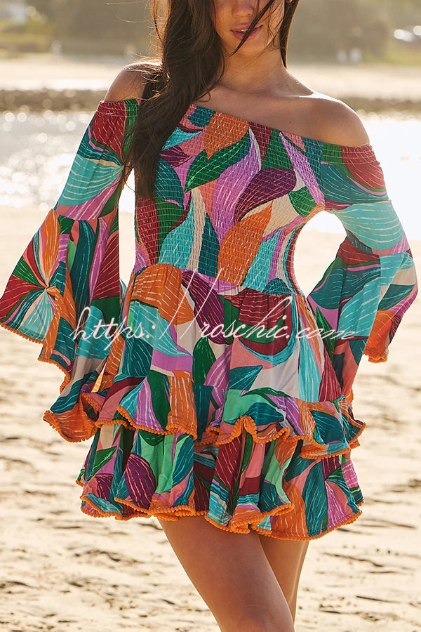Unique Print Off the Shoulder Pleated Bell Sleeve Fitted Mini Dress