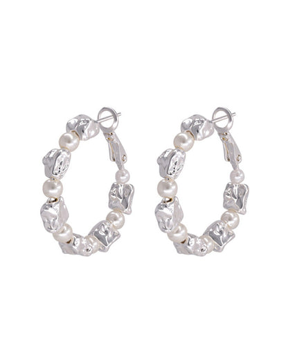 Silk Sterling Silver Alloy Pearl Hoop Earrings