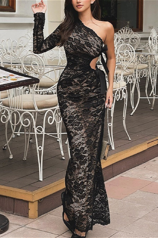 Lace One-shoulder Bow Maxi Dress