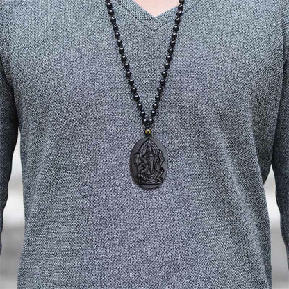 Buddha Stones Tibetan Obsidian Ganesh Ganpati Elephant Wealth Amulet Necklace