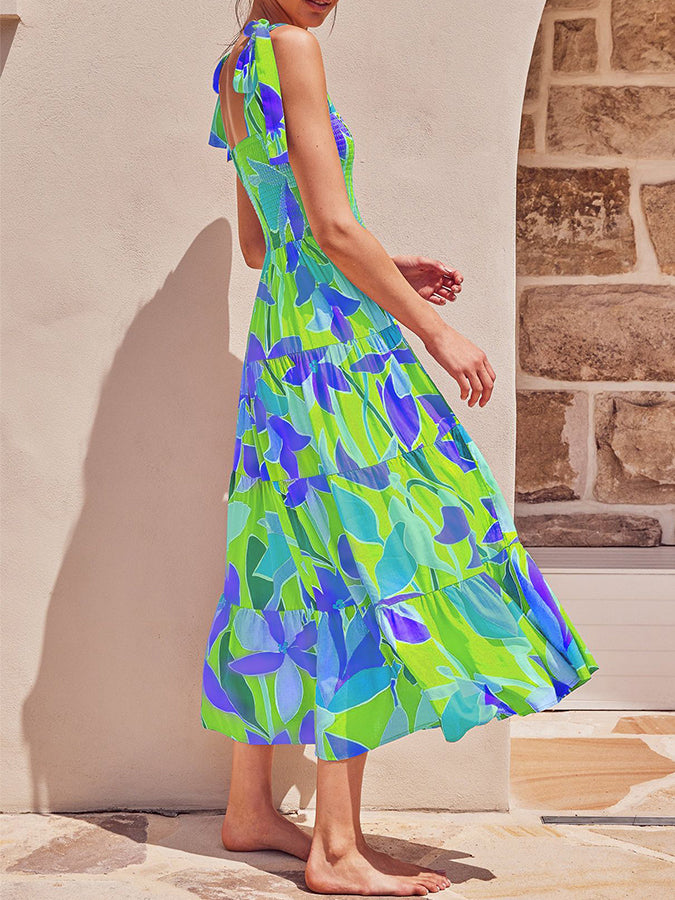 Leaves Printed Tie-shoulder Sleeveless Holiday Maxi Dress
