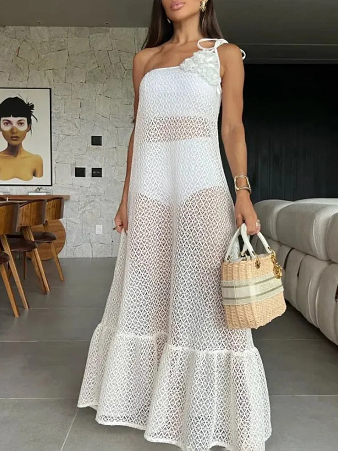 Oblique Shoulder See Through Cover Up and Shorts Set