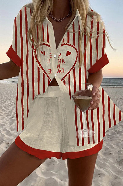 Striped Heart Print Loose Button Elastic Waist Shorts Set
