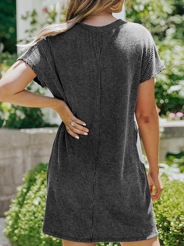 A-line Loose Contrast Color Pockets Split-joint Striped Round-neck Mini Dresses