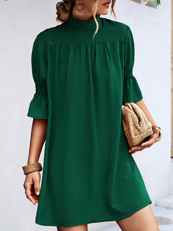 Half Sleeves Loose Color High-neck Mini Dresses