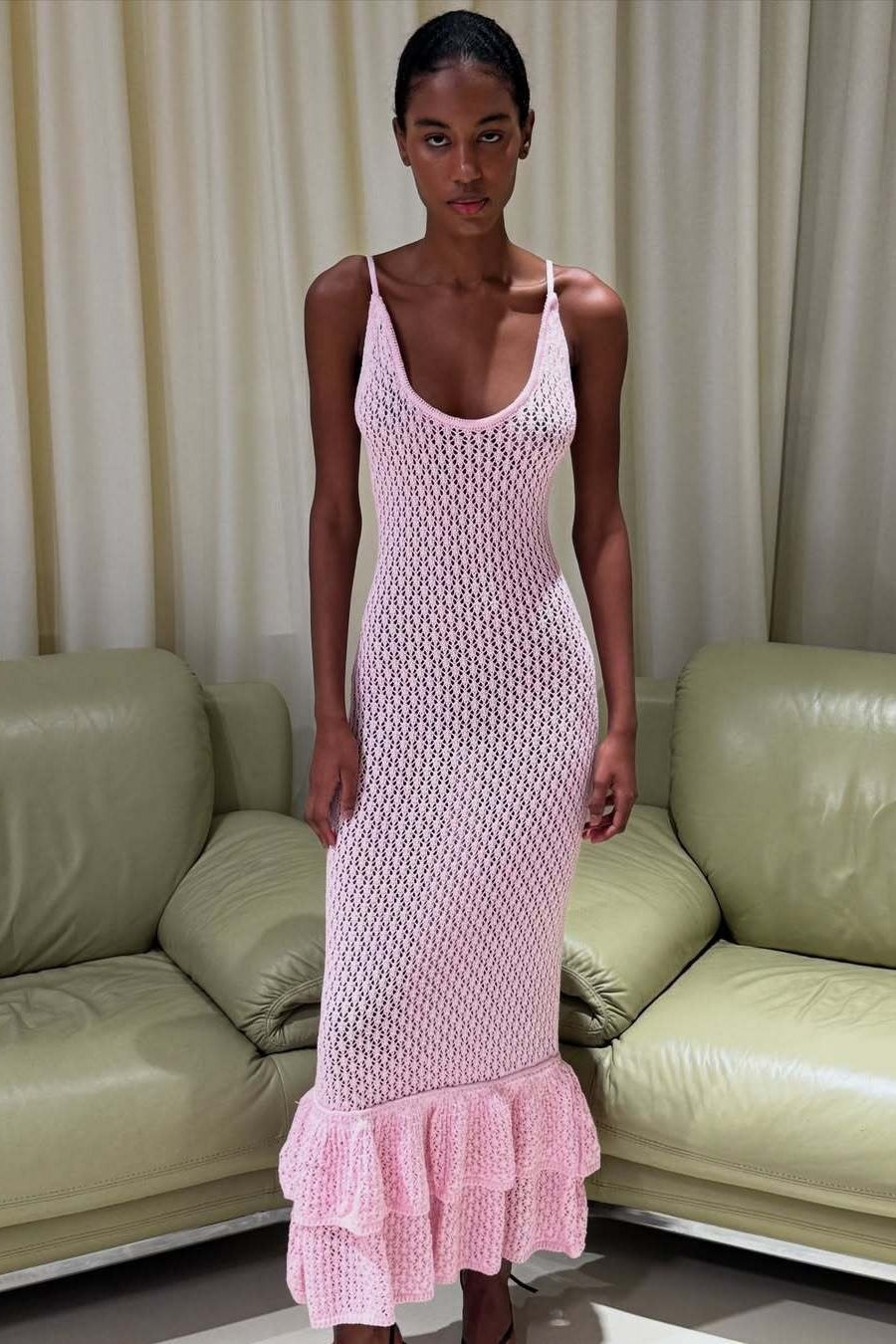 Ruffle Knit Cutout Sheer Cami Maxi Dress