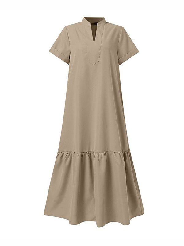 A-line Loose Color Split-joint V-neck Maxi Dresses
