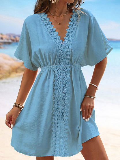 Batwing Sleeves Loose Elasticity See-through Split-joint V-neck Mini Dresses
