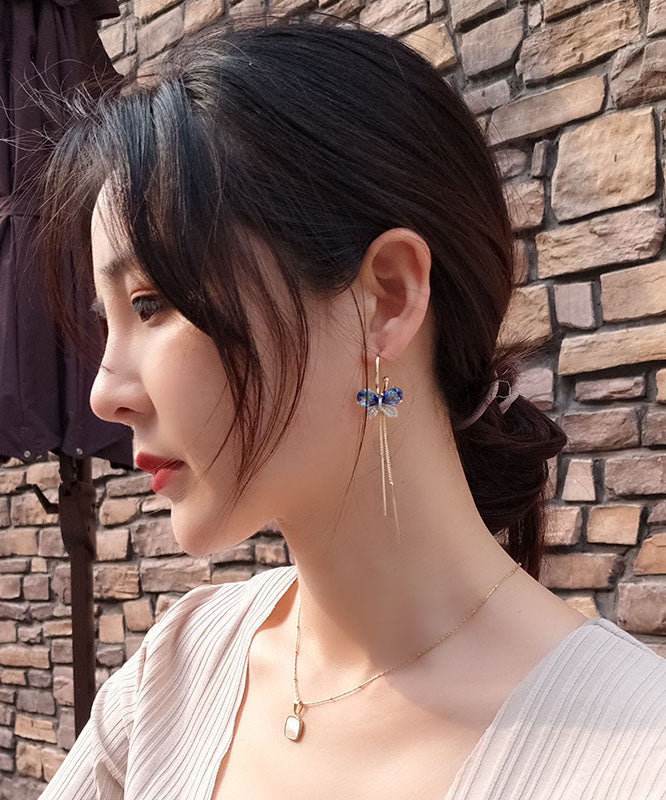 Blue Alloy Zircon Butterfly Tassel Drop Earrings