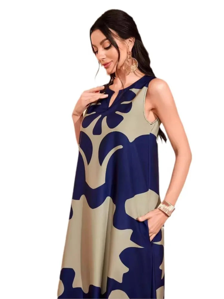 Simple Print Long Dresses Loose V-neck Style Sleeveless Dress Female Summer New Vestidos