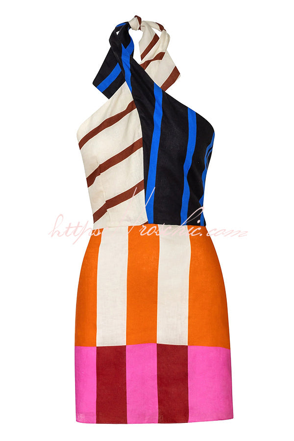 Jeniah Linen Blend Color Block Print Cross Halter Tie-up Loose Mini Dress