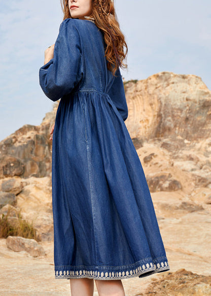 Navy V Neck Embroidered Patchwork Denim Maxi Dresses Spring Nn022