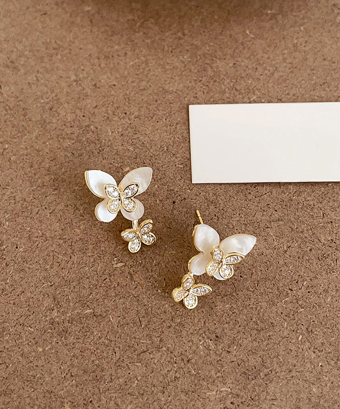 White Sterling Silver Overgild Zircon Butterfly Stud Earrings