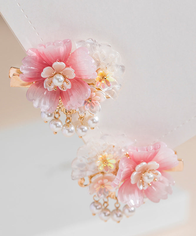 Style Pink Copper Overgild Pearl Resin Tassel a Pair Hairpin