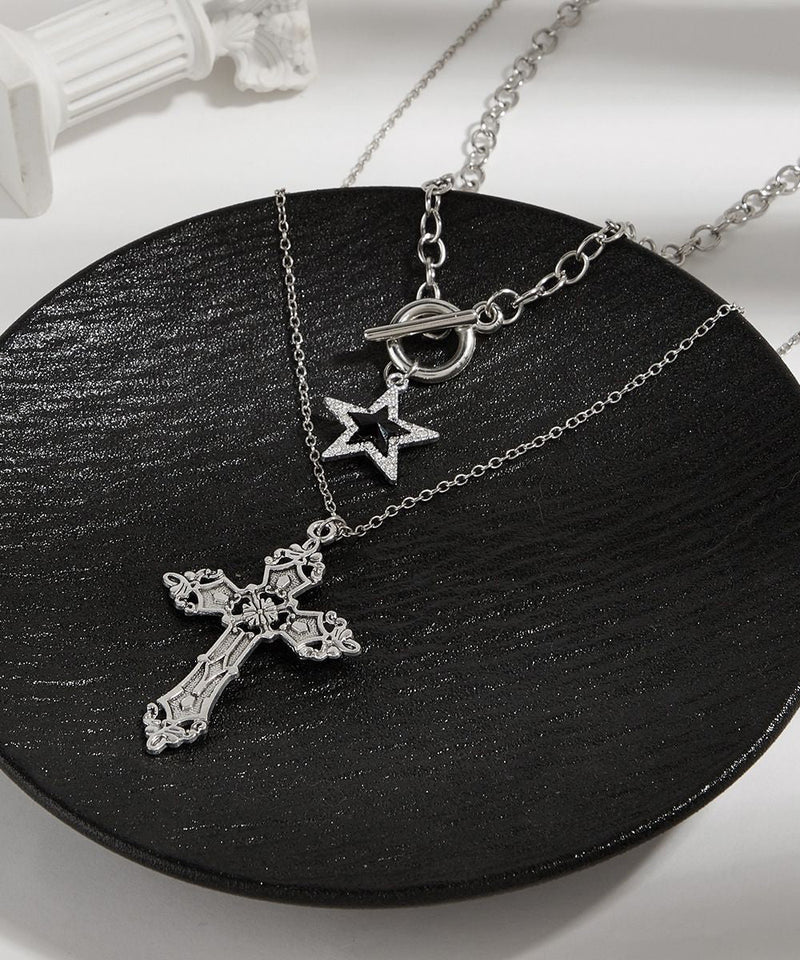 Fine Black Alloy Zircon Cross Chain Pentagram Pendant Necklace