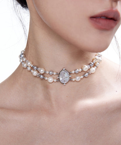 Pearls Double Cross Double Layered Alloy Choker