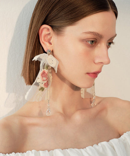 Embroidered Rose Mesh Dangle With Crystal Tasseled Pendant Earrings