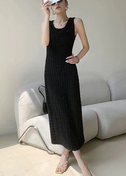 New Black O Neck High Waist Cotton Long Dress Sleeveless Ee063