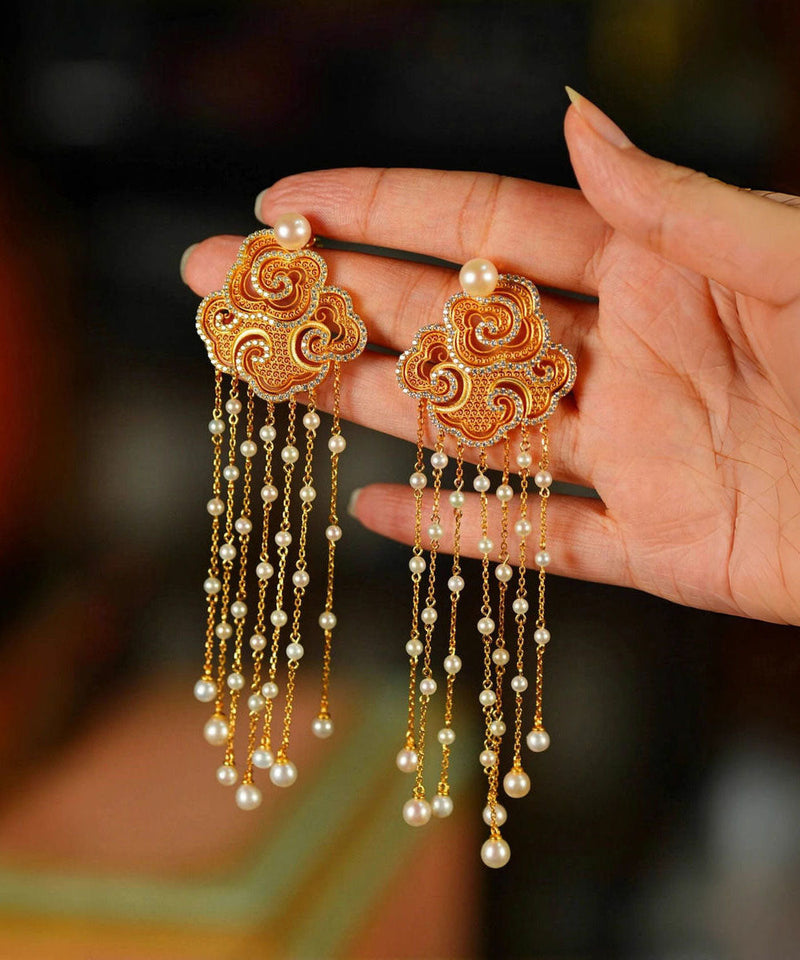 Gold Sterling Silver Overgild Zircon Auspicious Clouds Pearl Tassel Drop Earrings