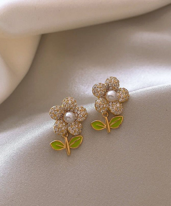 Stylish Gold Sterling Silver Alloy Zircon Pearl Stud Earrings