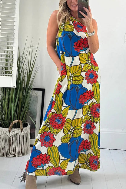 Unique Printed One Shoulder Pocketed Loose Maxi Dress