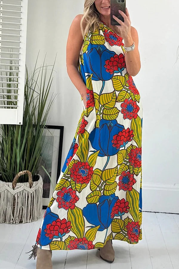 Unique Printed One Shoulder Pocketed Loose Maxi Dress