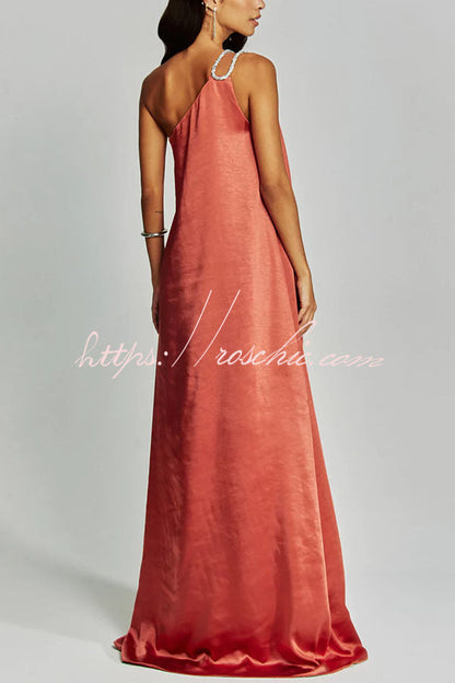 Charming Glance Satin Metal Hardware One Shoulder Loose Maxi Dress