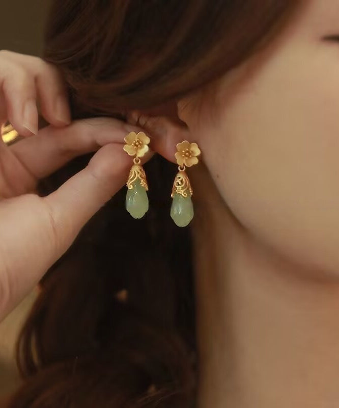 Chinese Style Gold Copper Alloy Jade Water Droplet Drop Earrings