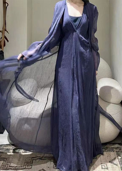 Style Dark Purple Patchwork Tie Waist Tulle Long Dresses Long Sleeve Tt1018