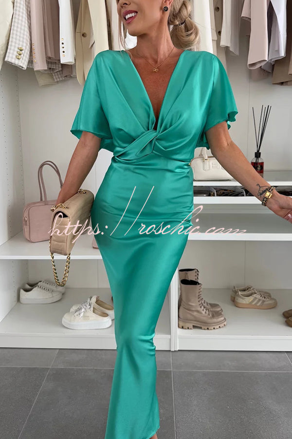 Satin Color V-neck Cross Knot Slim Maxi Dress