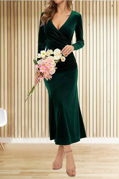Velvet Long Sleeve V Neck Slim Fit Fishtail Maxi Dress